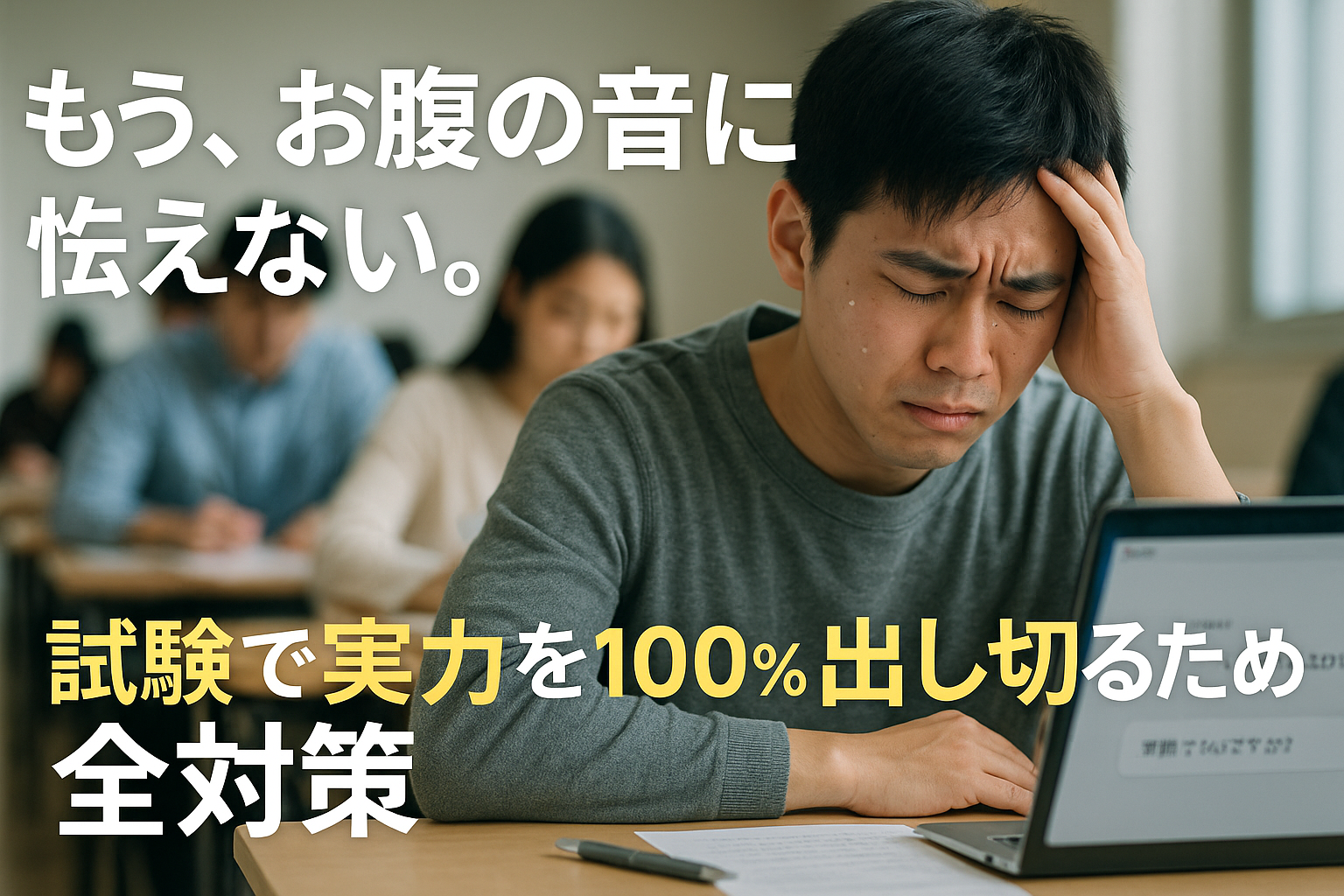 試験中、お腹の不調で困っている男性