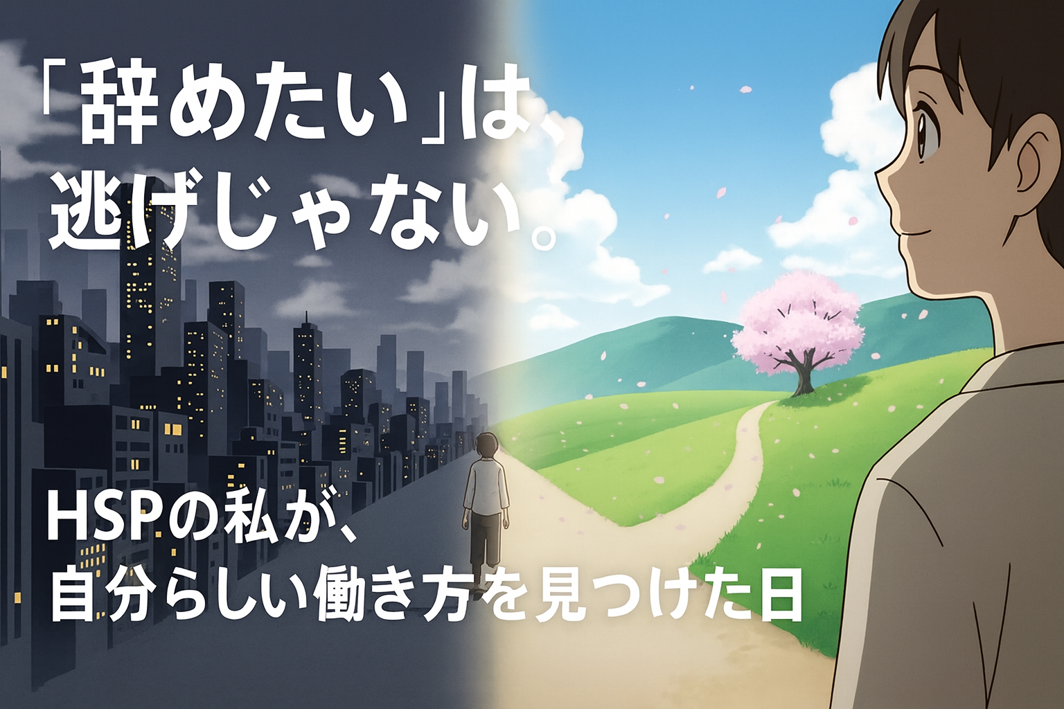 HSPの人が、ストレスの多い会社員という働き方から、自分らしいキャリアパスへと一歩を踏み出す岐路に立っている様子。
