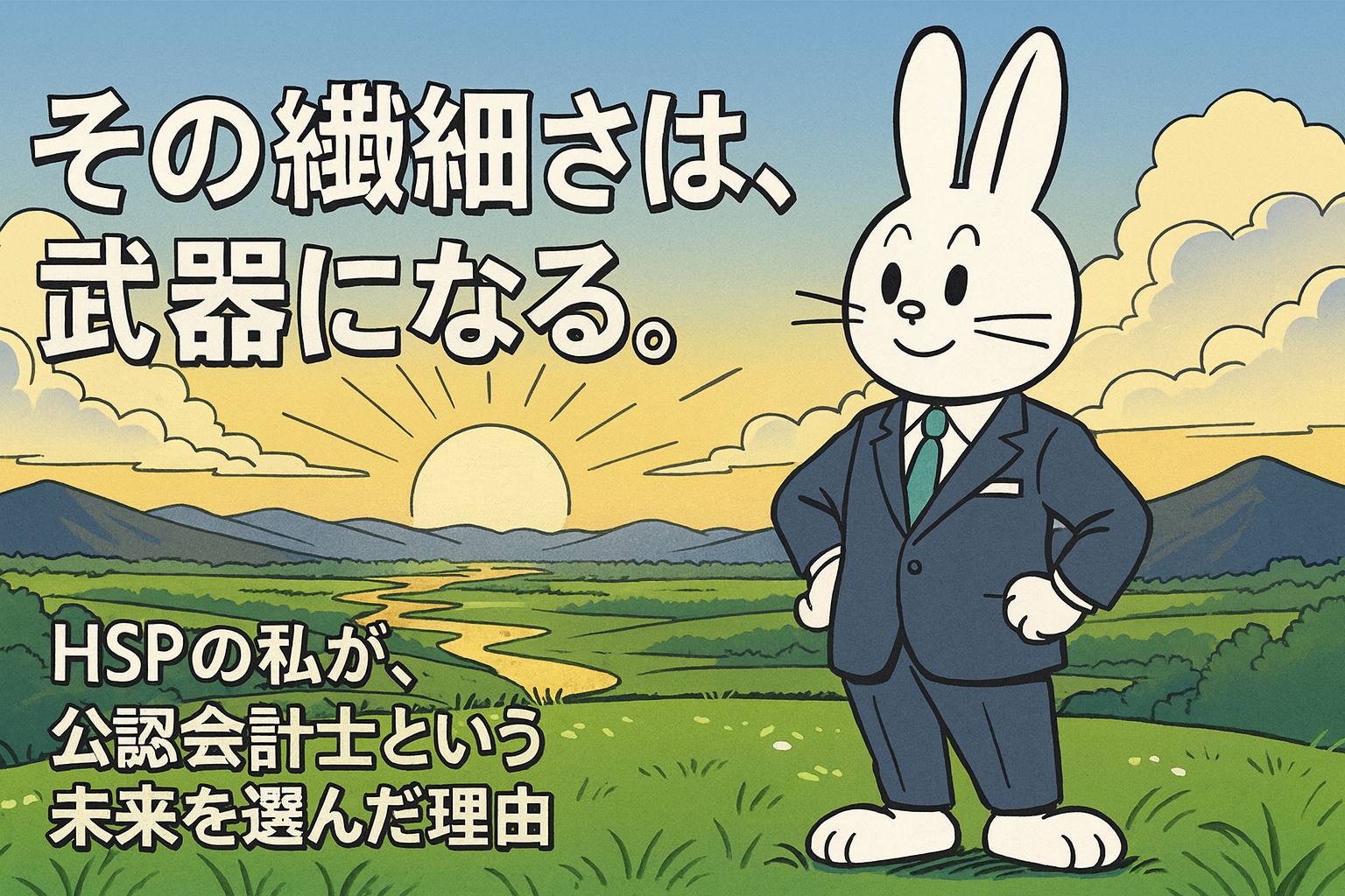 HSPの特性を活かして公認会計士試験に合格し、自信を持って未来を見据えるウサギのキャラクター。