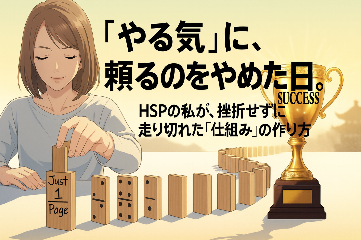 HSPの人が、やる気に頼らず「1ページだけ」という小さな習慣の仕組みを作ることで、公認会計士試験の合格という大きな成功を手に入れる様子。