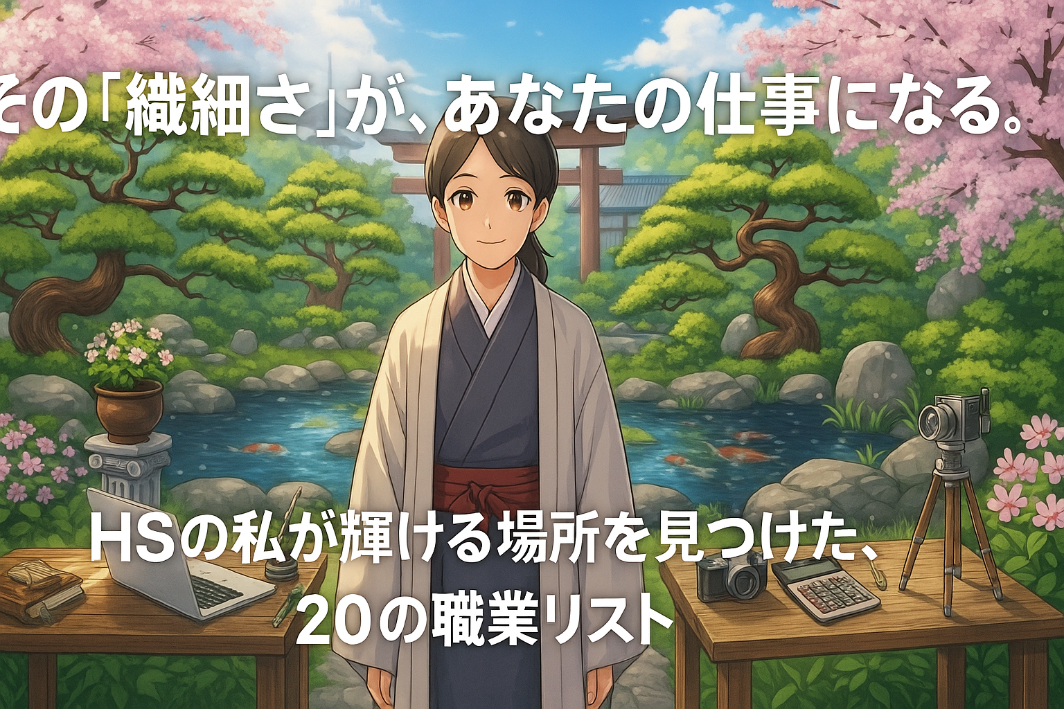 HSPの特性を活かせる様々な仕事に囲まれ、自分らしく輝いている人物。
