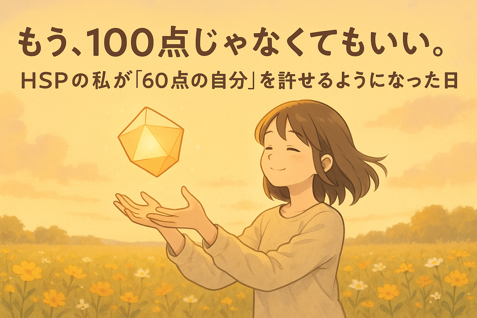 HSPの人が、完璧主義を手放し、不完全な自分を許すことで、心穏やかな表情を取り戻している様子。