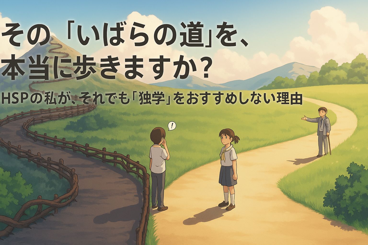 HSPの人が、独学という険しい道と、通信講座という整備された道の岐路に立ち、どちらを選ぶべきか考えている様子。