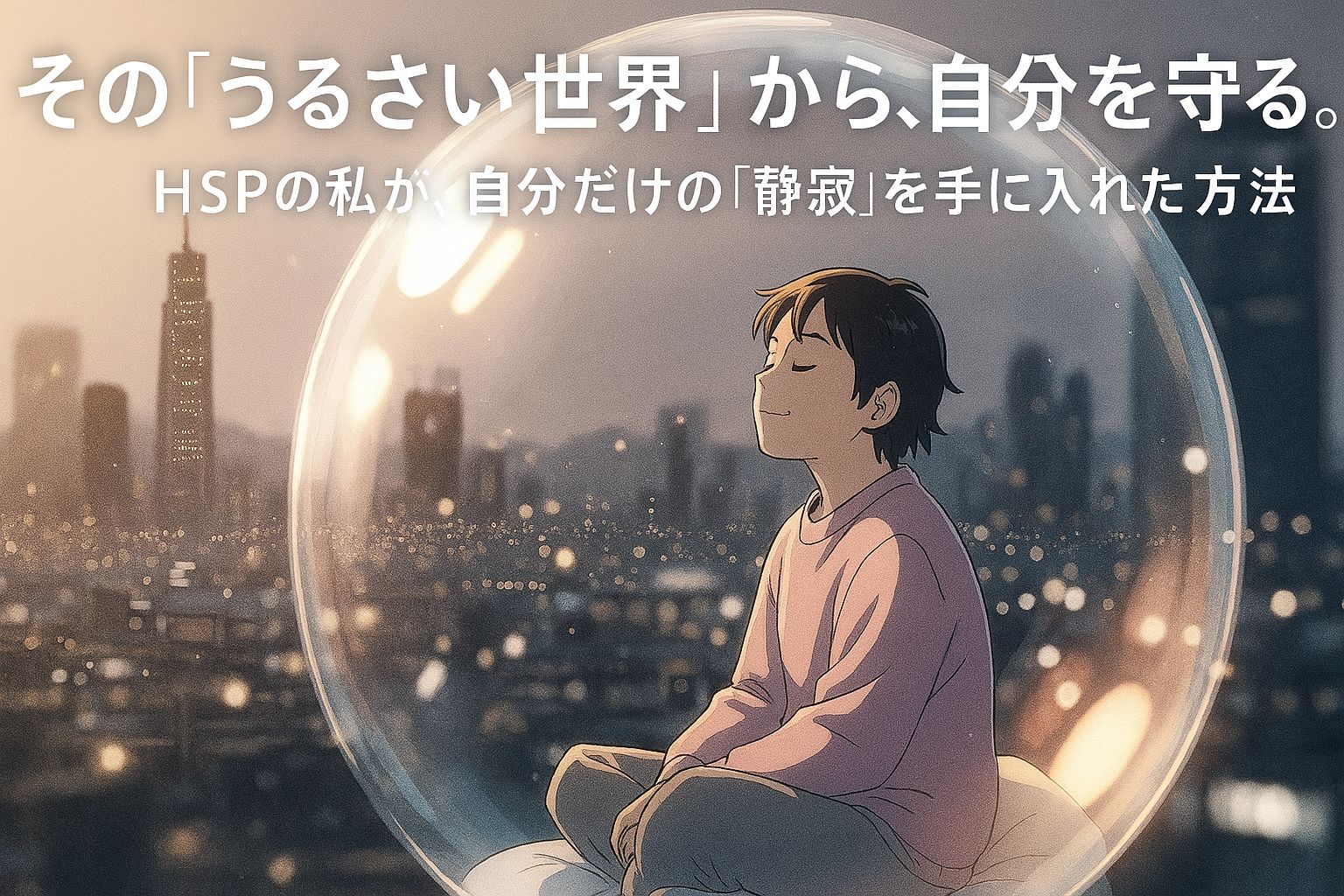 HSPの人が、ノイズキャンセリング機能などを象徴する「静かなバリア」の中で、外の騒音から守られ、穏やかな表情で過ごしている様子。