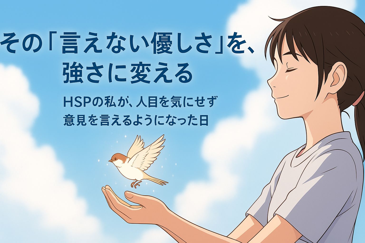 HSPの人が、人目を気にするのをやめ、自分の意見（光る鳥）を勇気を出して解き放ち、晴れやかな表情をしている様子。