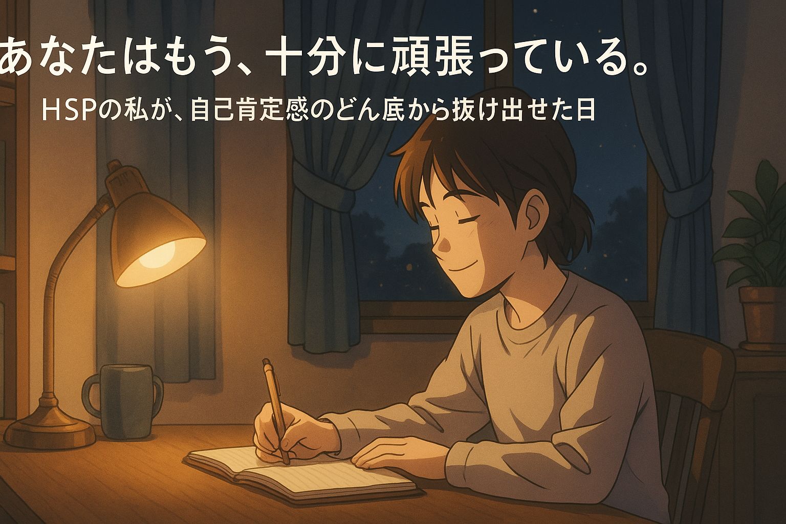 HSPの人が、夜、暖かい光の中で「自分褒めノート」を書き、穏やかな表情で自己肯定感を取り戻している様子。