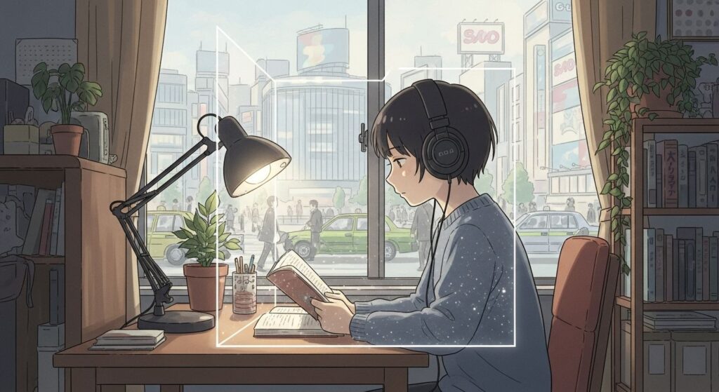  HSPの人がノイズキャンセリングイヤホンを使い、外の騒音を遮断して、勉強や仕事に深く集中している様子
