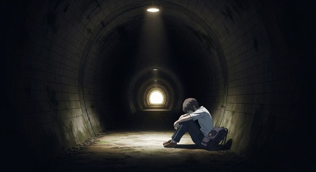 長く暗いトンネルの中で疲れ果てて座り込んでいる人が、遠くに見える小さな希望の光(出口)を見つめている様子。