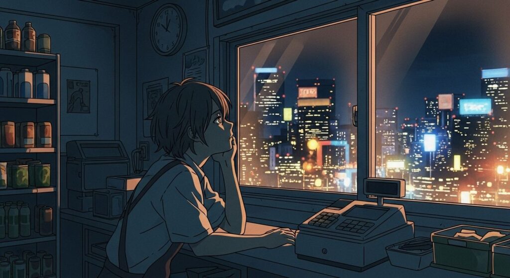 フリーターとして働いている人が、窓の外に広がる輝かしい未来を、羨望の眼差しで見つめている様子。