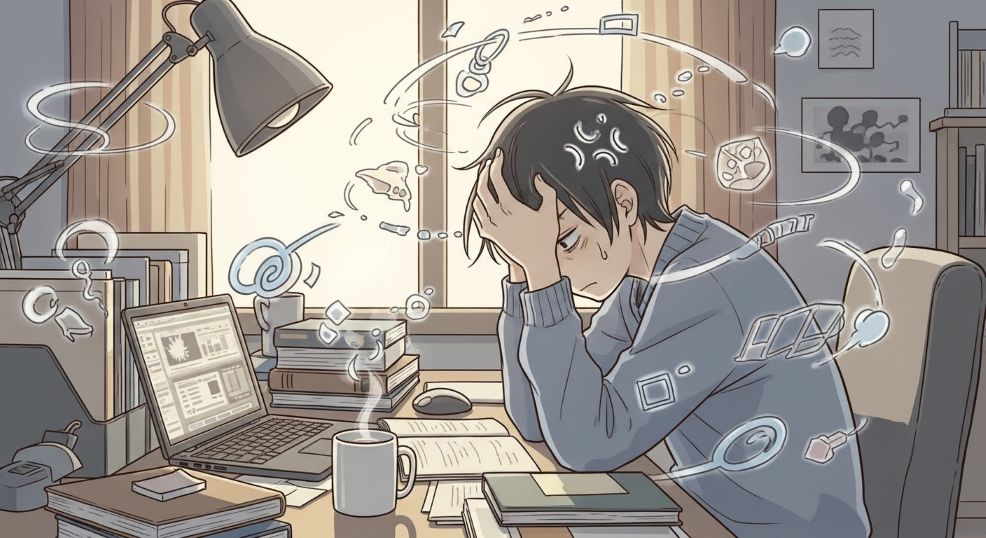 勉強に集中できず、机の前で悩んでいる人の様子。