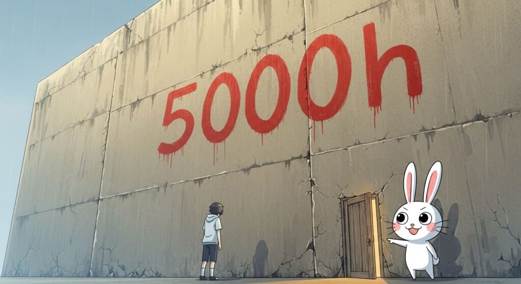 「5000時間」と書かれた巨大な壁を前に圧倒されている人と、その壁にある隠し扉を指し示すウサギのキャラクター