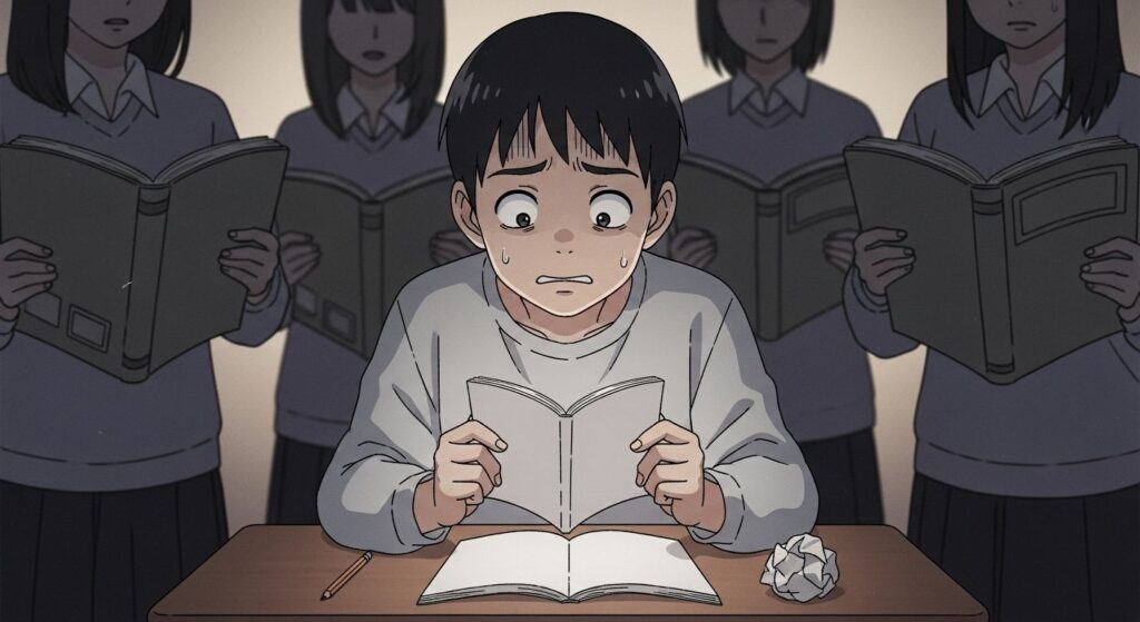薄いテキストを持つ受験生が、周りの分厚いテキストを持つ他の受験生を見て、「自分の情報量は足りているだろうか」と不安になっている様子。
