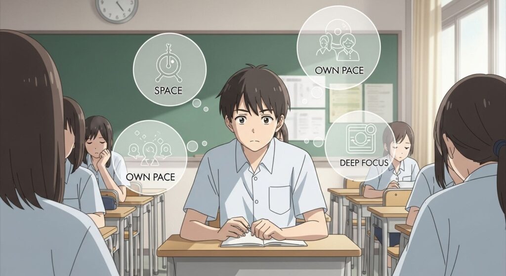 HSPの受験生が、通学講座の教室で、周りの環境を感じ取りながら、自分にとって本当に必要な学習環境について考えている様子。