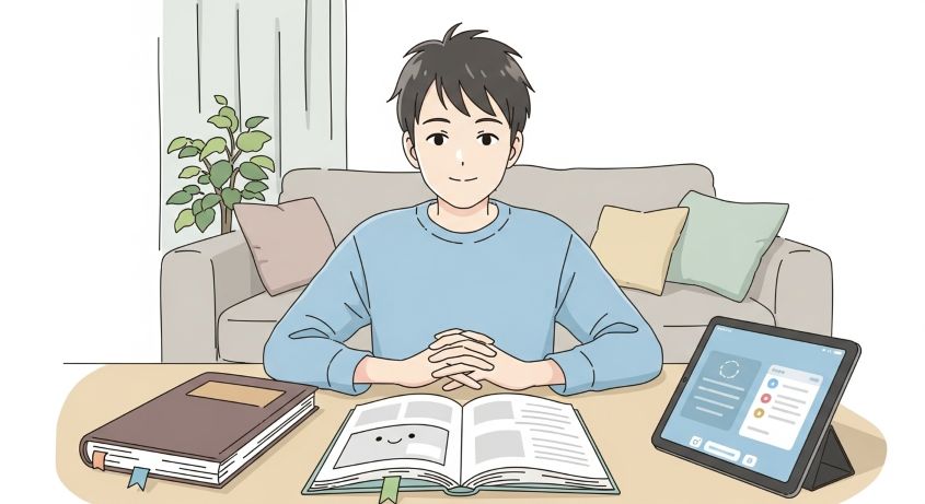 HSPの男性が、簿記1級の通信講座を選ぶ上で、「教材の安心感」「サポートの温かさ」「学習システムの心地よさ」という3つの判断軸(パズルのピース)を自分なりに吟味している様子。