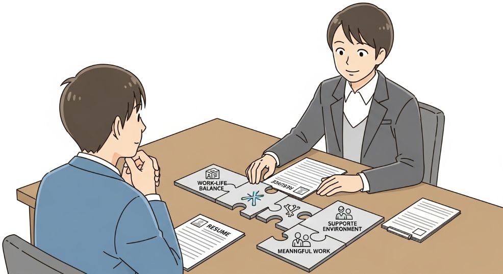HSPの会計士が、転職エージェントの担当者と、給与や待遇だけでなく「ワークライフバランス」や「やりがい」といった、自身の価値観に合う転職先を一緒に探している様子。