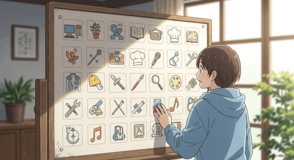 少年がたくさんある選択肢から、何かを決めようとしている様子のイラスト