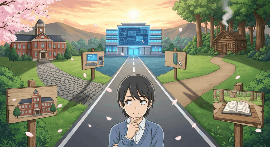 青年がいくつかある学校のどれにしようかじっくり考えている様子