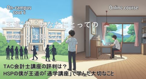 HSPの受験生が、「王道」であるTAC会計士講座の中で、「通学」と「通信」という自分に合った学習スタイルを選択しようと考えている様子。