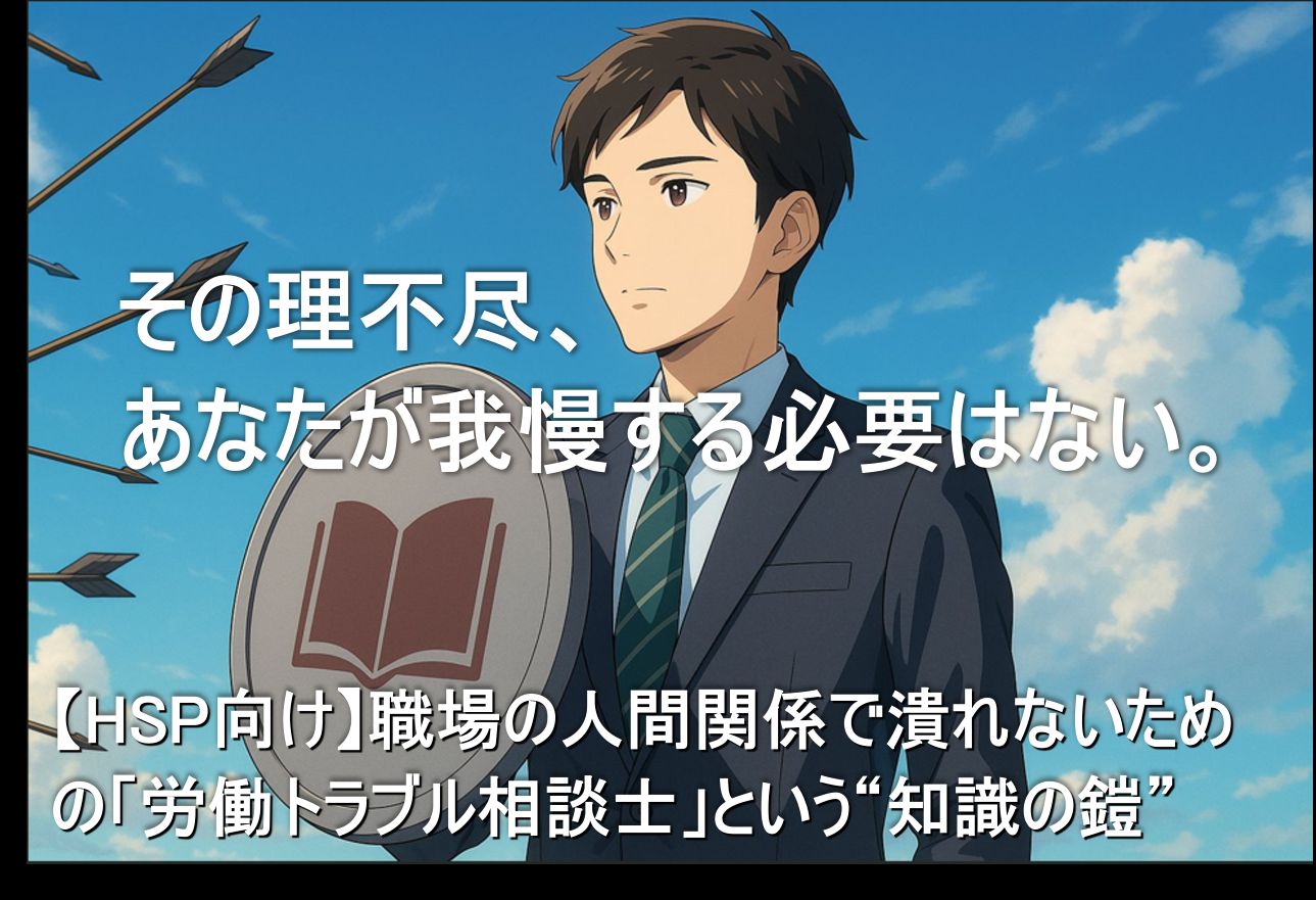 職場の理不尽な攻撃（矢）に対して、HSPの男性が「知識の鎧（本が描かれた盾）」で心穏やかに自分を守っている様子。