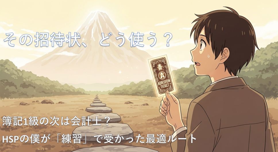 簿記1級（足元の石段）を乗り越えた人が、次に公認会計士（遠くの高い山）という目標を見据え、未来への招待状を手にしている様子。
