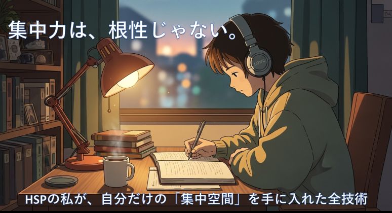 HSPの人が、ノイズキャンセリングイヤホンやパーカーを使い、自分だけの集中空間で、勉強に深く集中している様子。