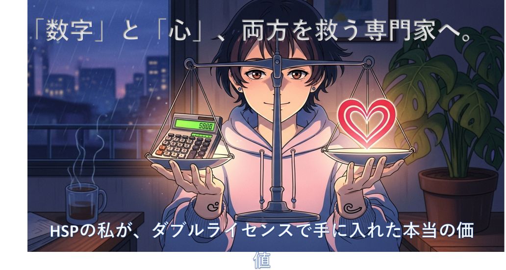 会計士（定量）と中小企業診断士（定性）のダブルライセンスを象徴する天秤を、自信と優しさを持って掲げている人の様子。