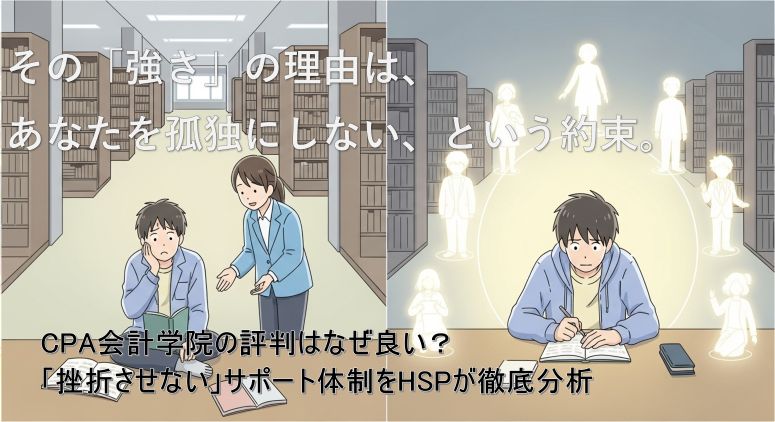 孤独に勉強していたHSPの受験生が、CPA会計学院の手厚いサポートによって、安心感と自信を取り戻していく様子。